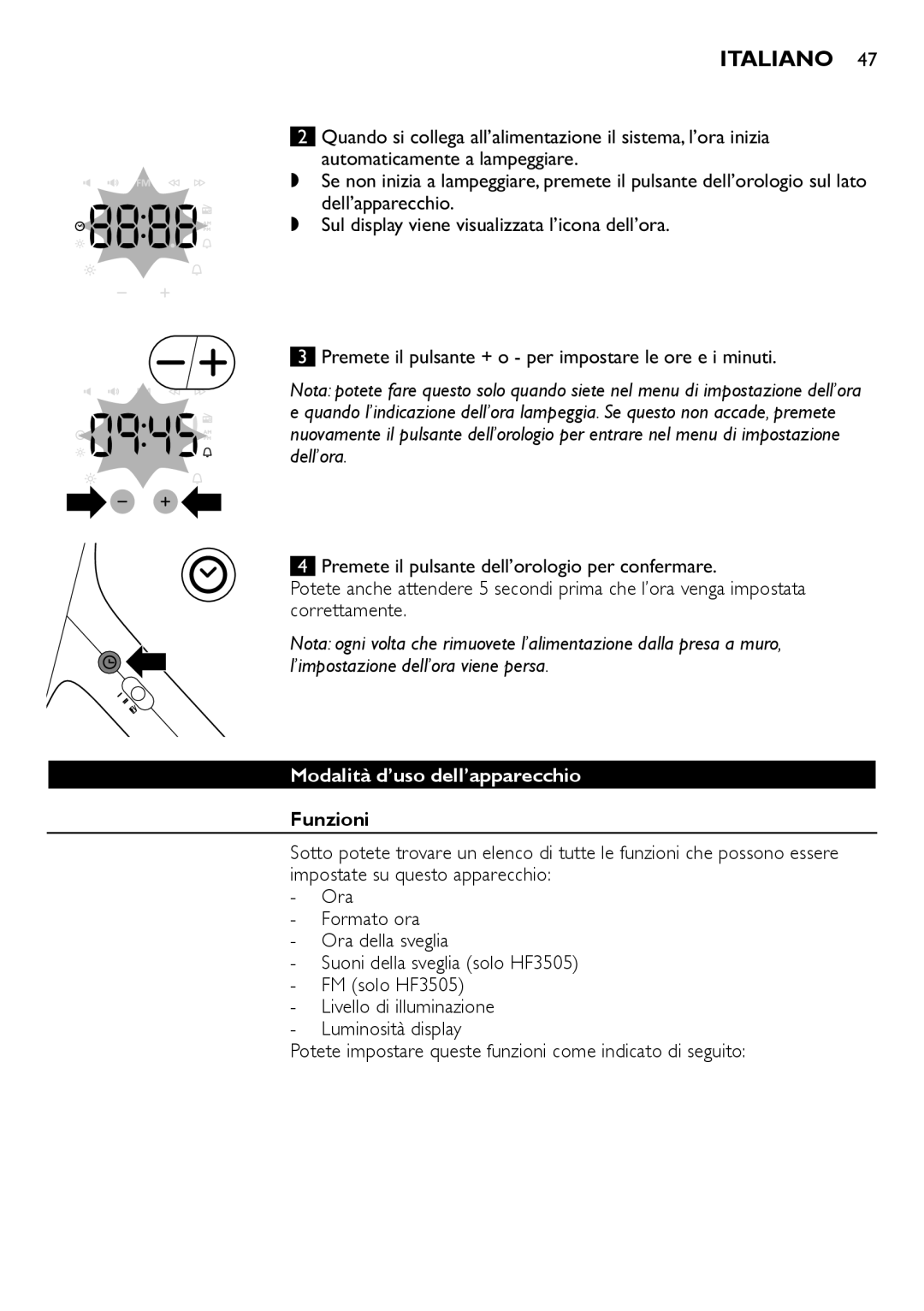 Philips HF3500, HF3505 manual Italiano, Modalità d’uso dell’apparecchio, Funzioni  